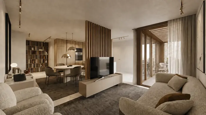 Sala d'estar i menjador d'un habitatge, amb la llibreria de fusta i la sortida a la terrassa