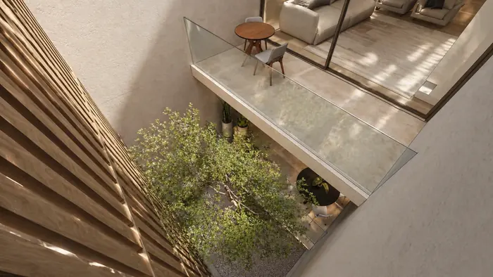 Vista zenital del pati interior, amb l'arbre entre les gelosies de fusta i la terrassa al fons