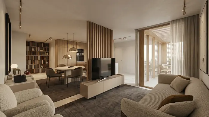 Sala d'estar d'un habitatge, amb el finestral cap a la terrassa